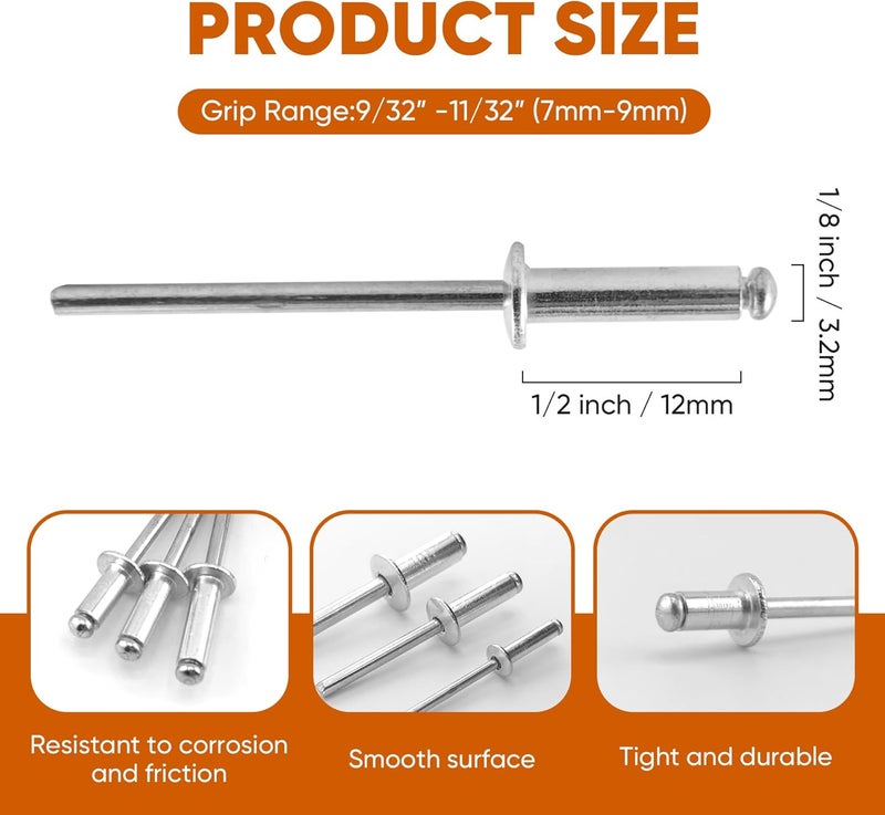 ALLCLEAN 200 Pcs 1/8" x 1/2" Aluminum Blind Rivets,3.2 x 12mm Pop Rivets,Aluminum Grip and Steel Mandrel - Image 2